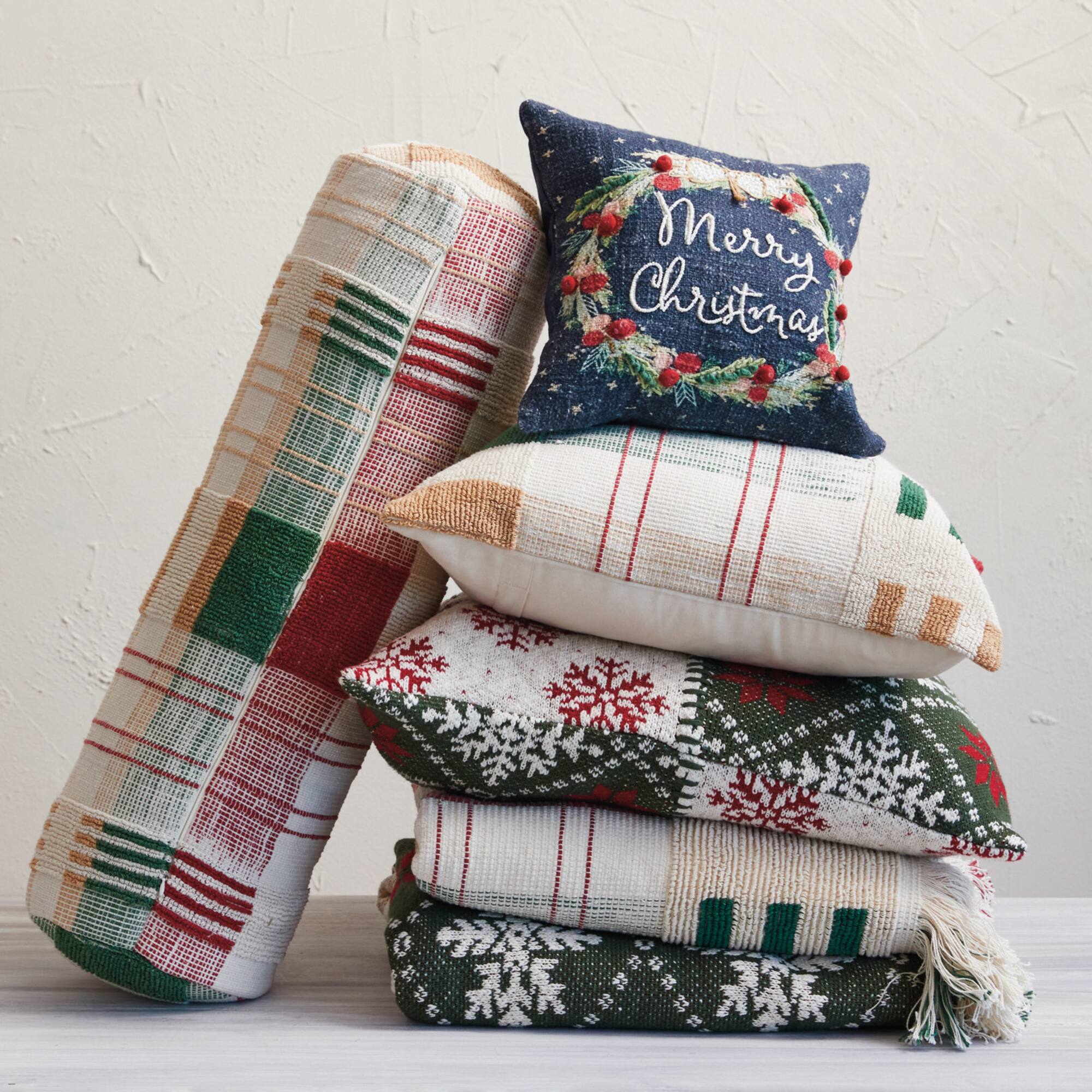 Hello Honey® 25" Red, Green & Gold Plaid Textured Woven Bolster Pillow